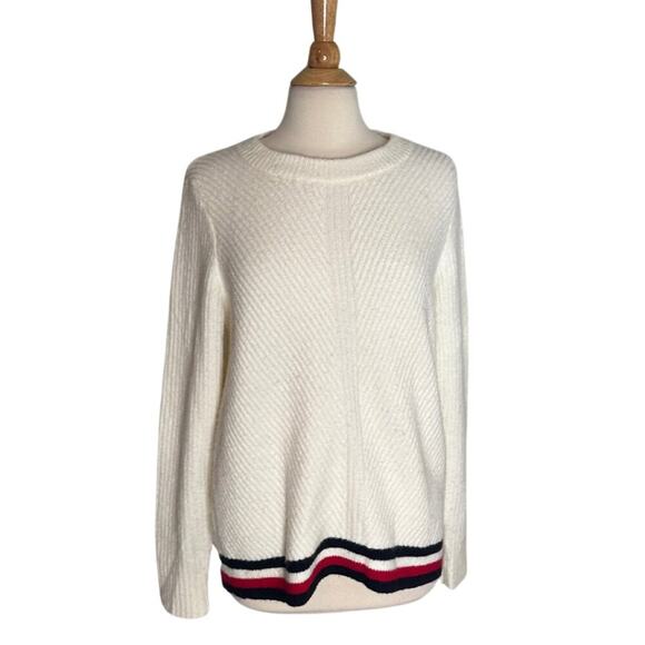 Tommy Hilfiger White Cream Texture Fuzzy Sweater Navy Red Detailing Wool Blend - Picture 1 of 11